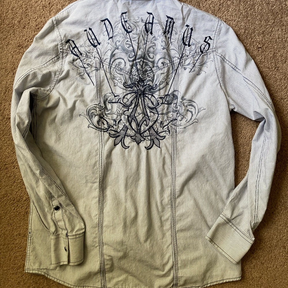 Casual Light Blue Button Down Shirt with Gothic Design